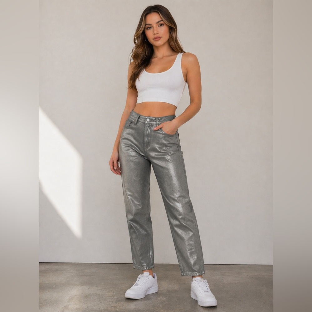 🩶 Clockhouse High Waist Mom Jeans Size 38 Silver Metallic Straight Leg